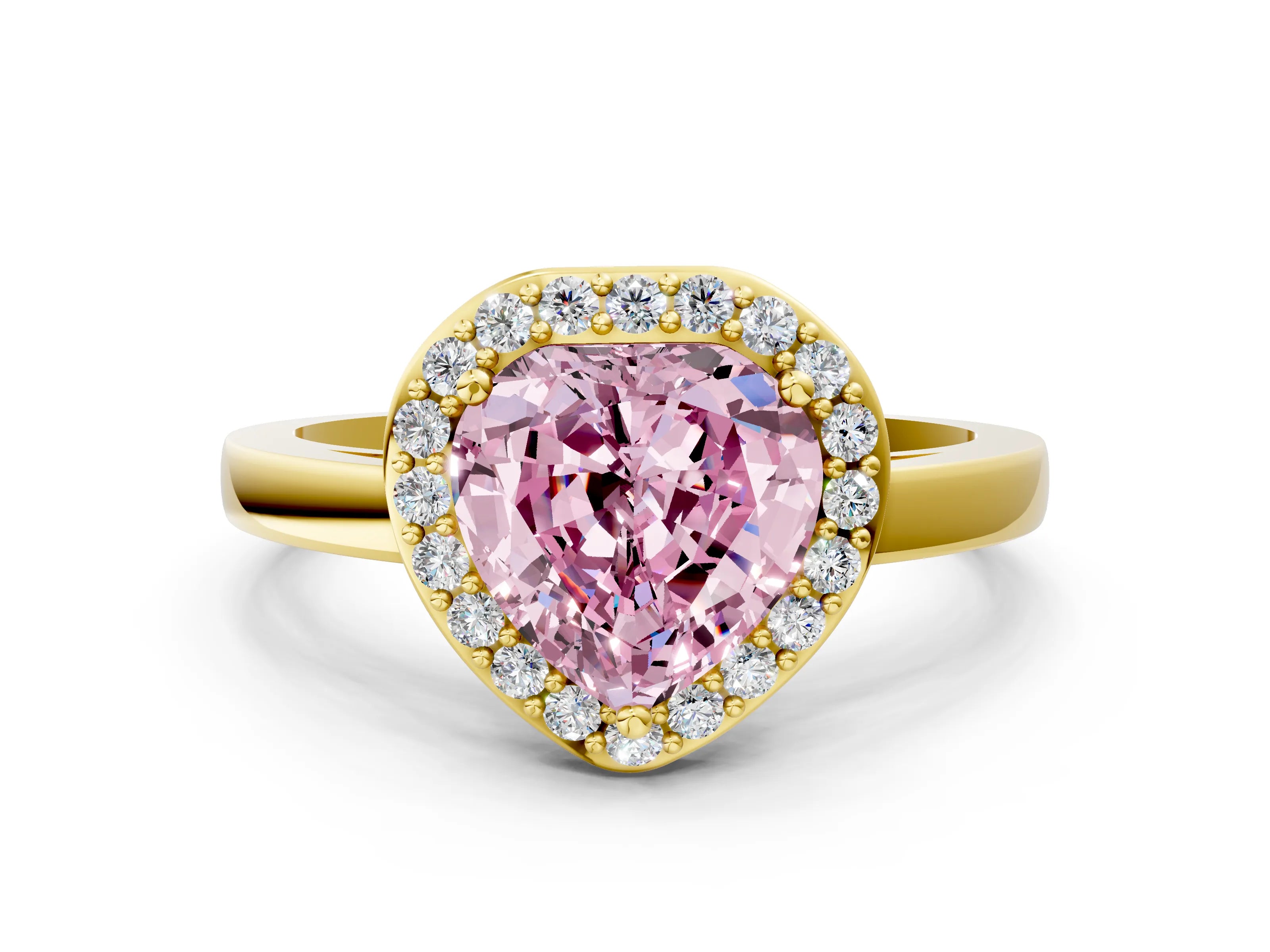 Yellow gold Fancy Pink Heart Cut Halo Diamond Ring with Solitaire Band and Prong Setting