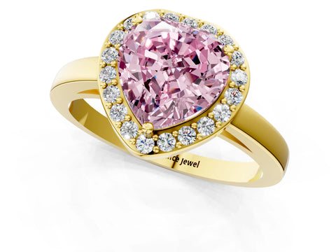 Yellow gold Fancy Pink Heart Cut Halo Diamond Ring with Solitaire Band and Prong Setting_1