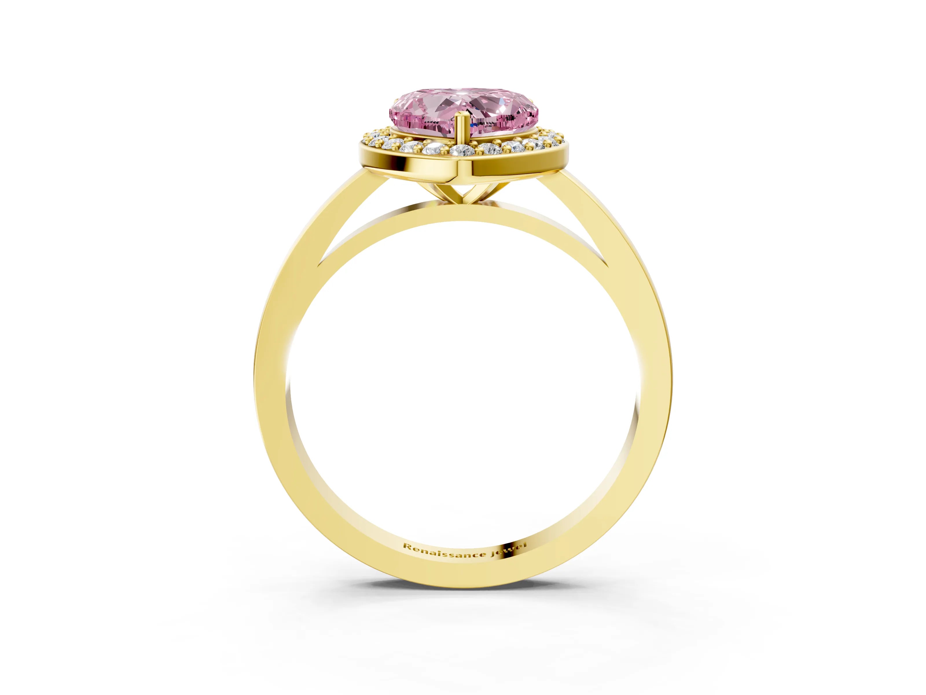 Yellow gold Fancy Pink Heart Cut Halo Diamond Ring with Solitaire Band and Prong Setting_3