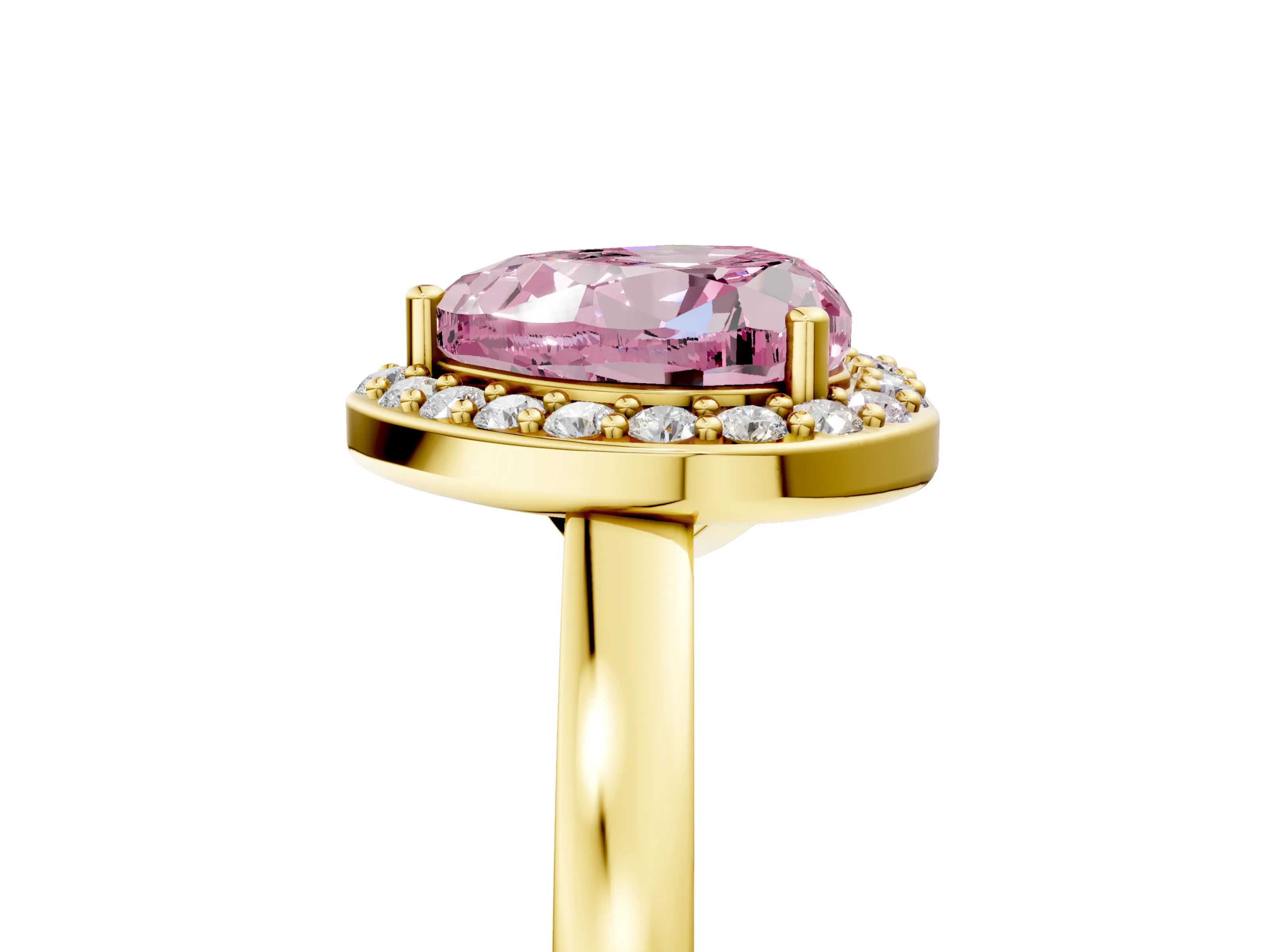 Yellow gold Fancy Pink Heart Cut Halo Diamond Ring with Solitaire Band and Prong Setting_5