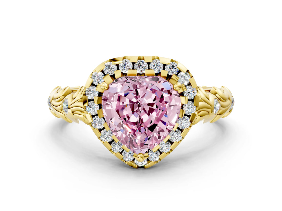 Yellow gold Fancy Pink Heart Cut Halo Diamond Solitaire with Filigree Band and Four-Prong Setting