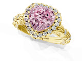 Yellow gold Fancy Pink Heart Cut Halo Diamond Solitaire with Filigree Band and Four-Prong Setting_1