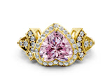 Yellow gold Fancy Pink Heart Cut Halo Diamond Split Shank Engagement Ring with Four-Prong Setting