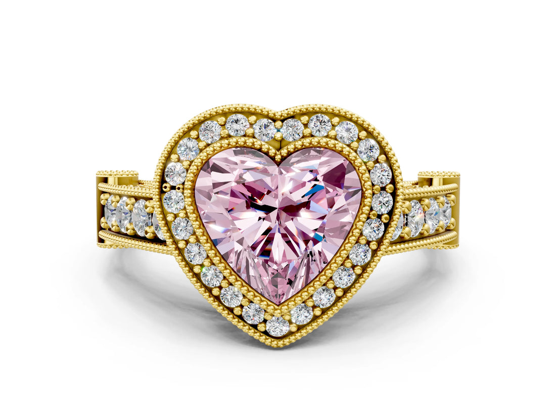 Yellow gold Fancy Pink Heart Cut Halo Diamond Split Shank Pave Ring_12