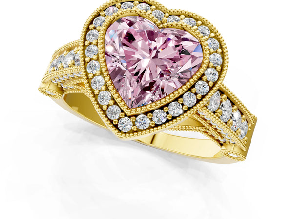 Yellow Gold Heart-Shaped Vintage Bezel Halo Engagement Ring Setting for Fancy Pink Center