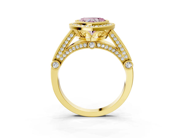 Yellow Gold Heart-Shaped Vintage Bezel Halo Engagement Ring Setting for Fancy Pink Center
