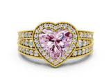 Yellow gold Fancy Pink Heart Cut Halo Diamond Split Shank Ring with Prong Setting