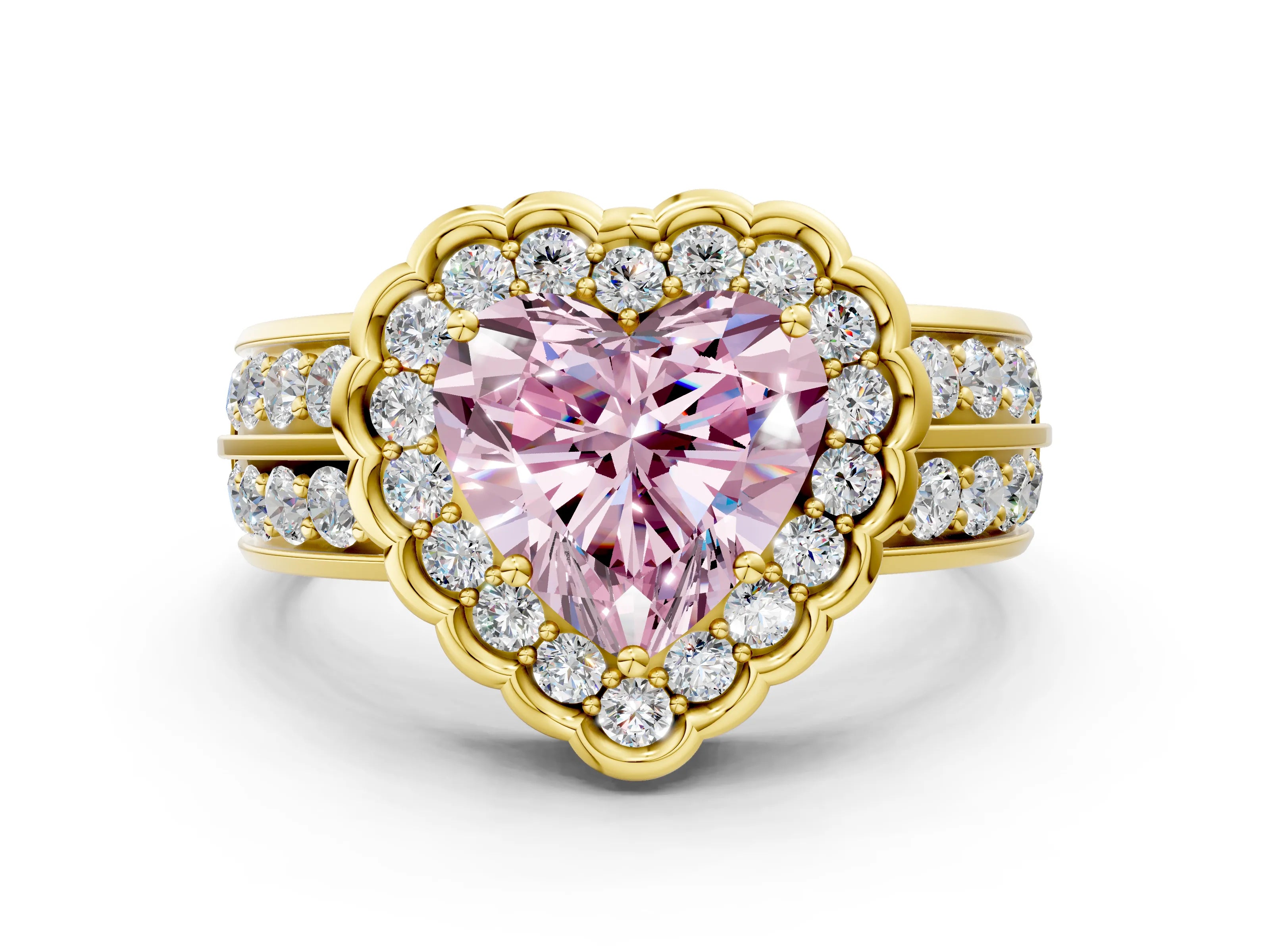 Yellow gold Fancy Pink Heart Cut Halo Diamond Split Shank Ring with Scalloped Prong Setting