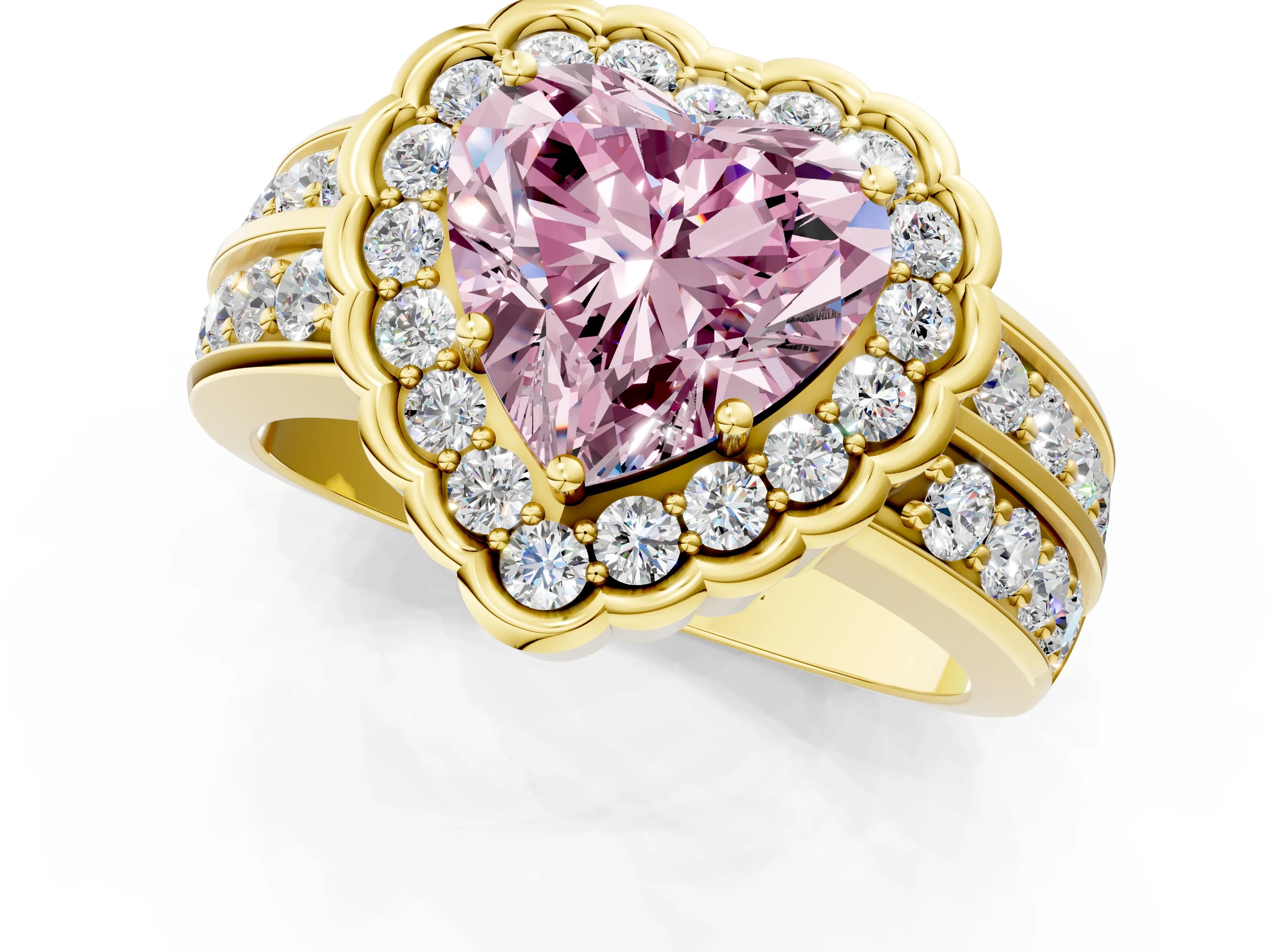 Yellow gold Fancy Pink Heart Cut Halo Diamond Split Shank Ring with Scalloped Prong Setting_1