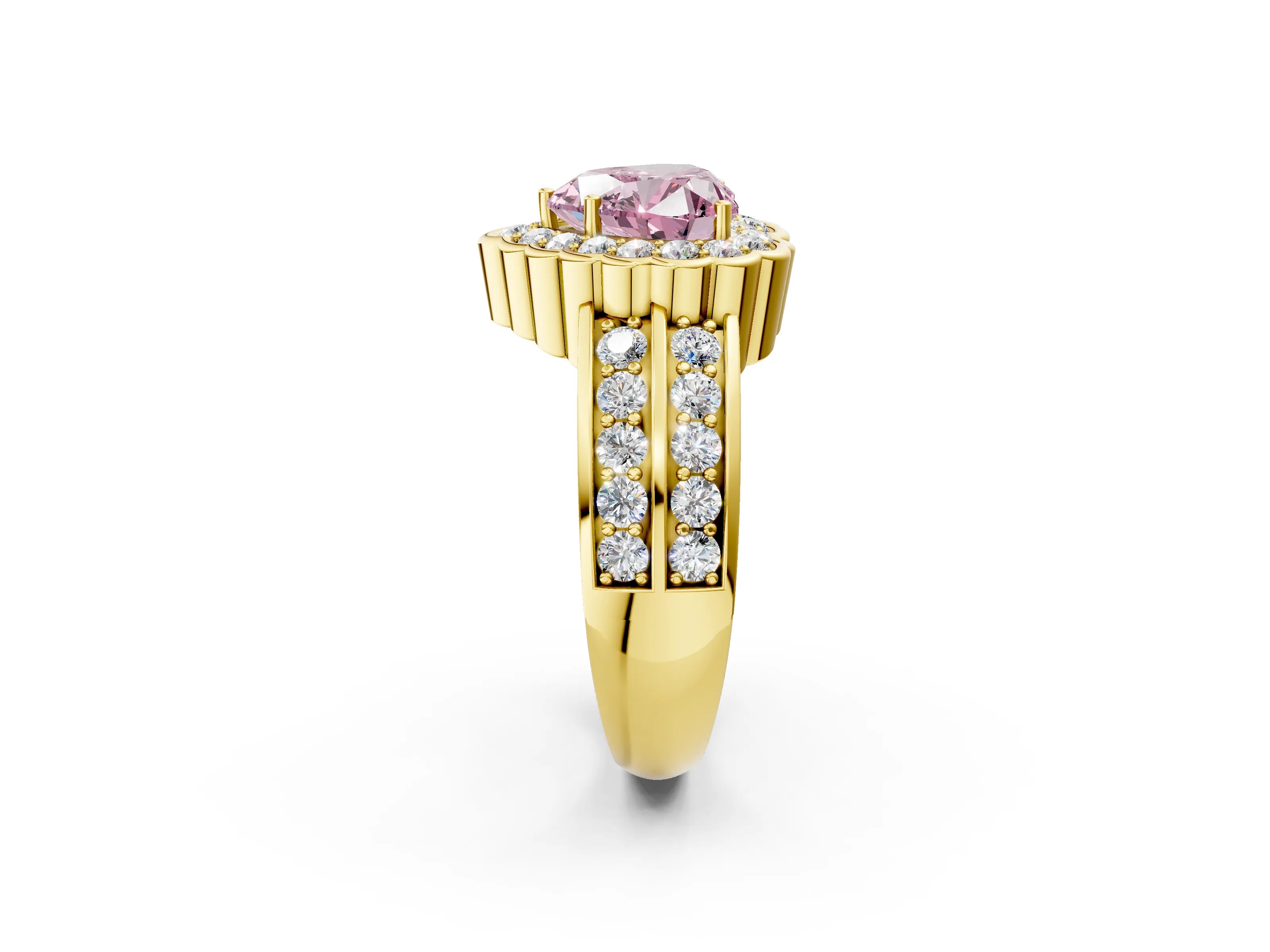 Yellow gold Fancy Pink Heart Cut Halo Diamond Split Shank Ring with Scalloped Prong Setting_2