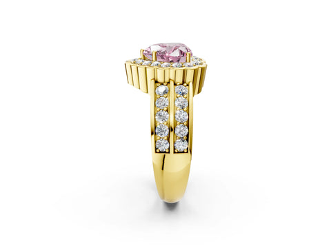 Yellow gold Fancy Pink Heart Cut Halo Diamond Split Shank Ring with Scalloped Prong Setting_2