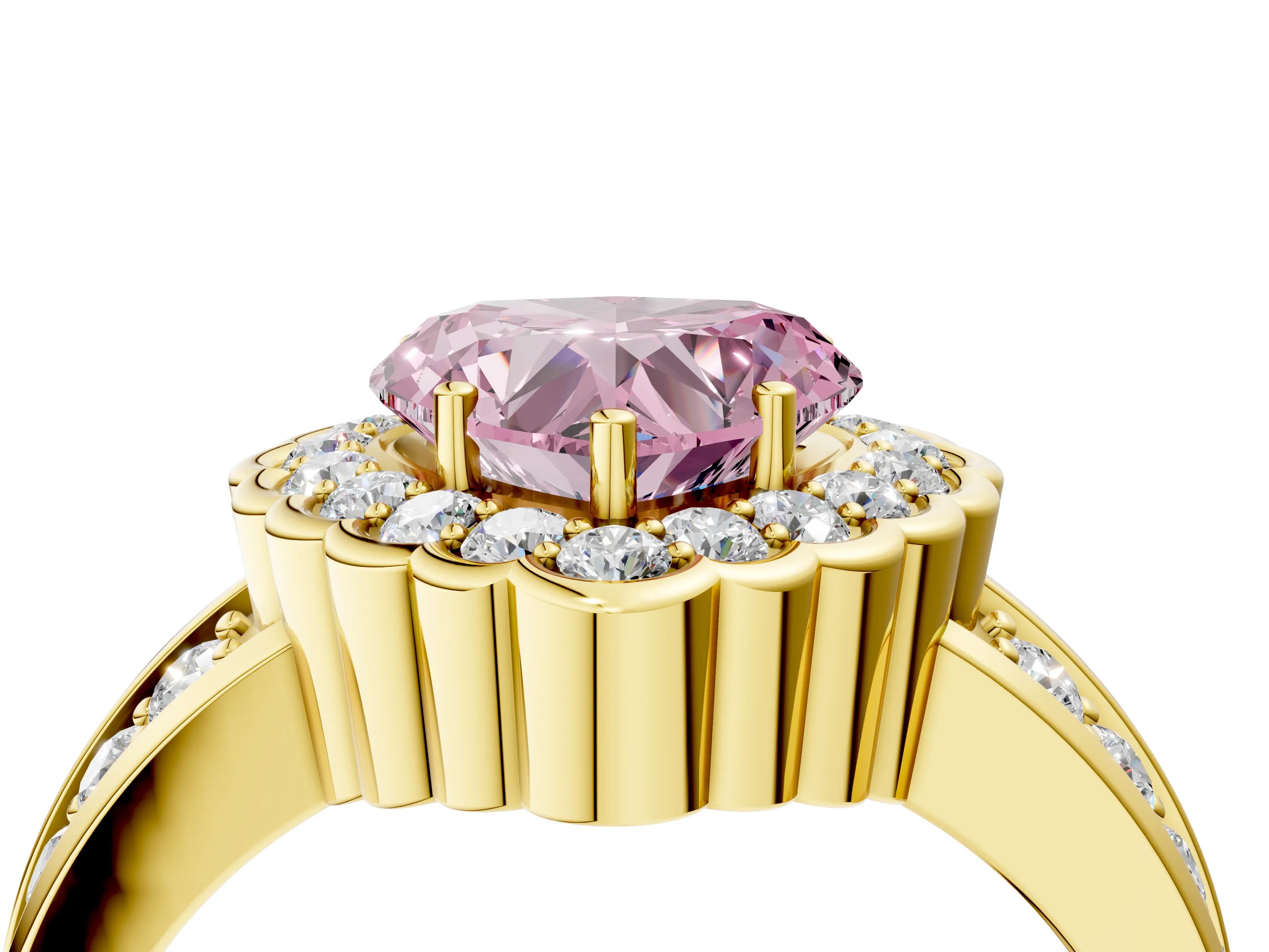 Yellow gold Fancy Pink Heart Cut Halo Diamond Split Shank Ring with Scalloped Prong Setting_4
