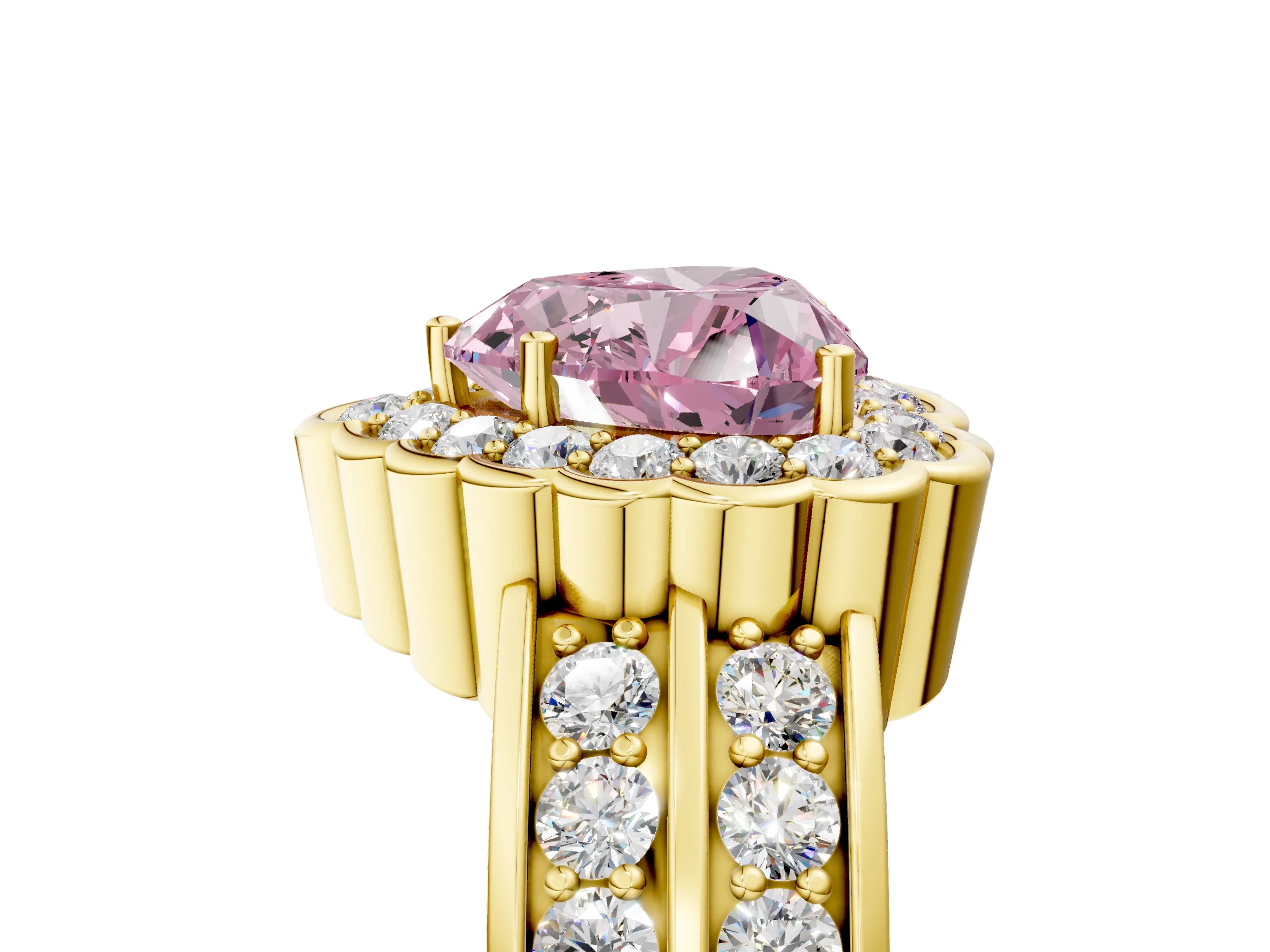 Yellow gold Fancy Pink Heart Cut Halo Diamond Split Shank Ring with Scalloped Prong Setting_5