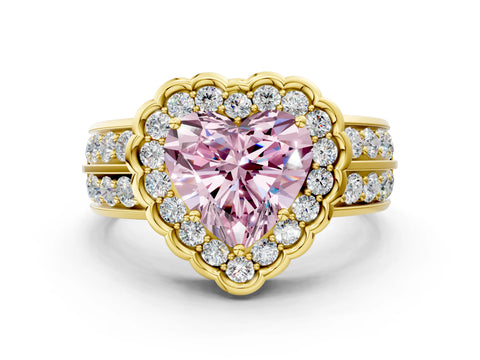 Yellow gold Fancy Pink Heart Cut Halo Diamond Split Shank Ring with Scalloped Prong Setting