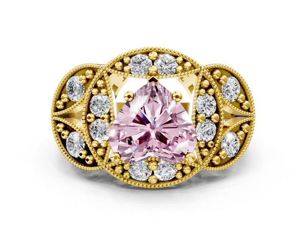 Yellow gold Fancy Pink Heart Cut Halo Milgrain Diamond Engagement Ring with Leaf Band and Four-Prong Setting