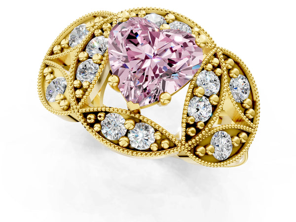 Yellow gold Fancy Pink Heart Cut Halo Milgrain Diamond Engagement Ring with Leaf Band and Four-Prong Setting
