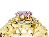 Yellow gold Fancy Pink Heart Cut Halo Milgrain Diamond Engagement Ring with Leaf Band and Four-Prong Setting_4