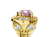 Yellow gold Fancy Pink Heart Cut Halo Milgrain Diamond Engagement Ring with Leaf Band and Four-Prong Setting_5