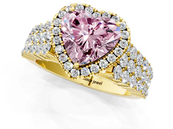 Yellow gold Fancy Pink Heart Cut Halo Pavé Diamond Engagement Ring with Split Shank and Four-Prong Setting