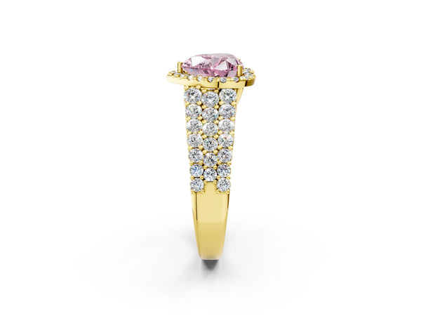 Yellow gold Fancy Pink Heart Cut Halo Pavé Diamond Engagement Ring with Split Shank and Four-Prong Setting