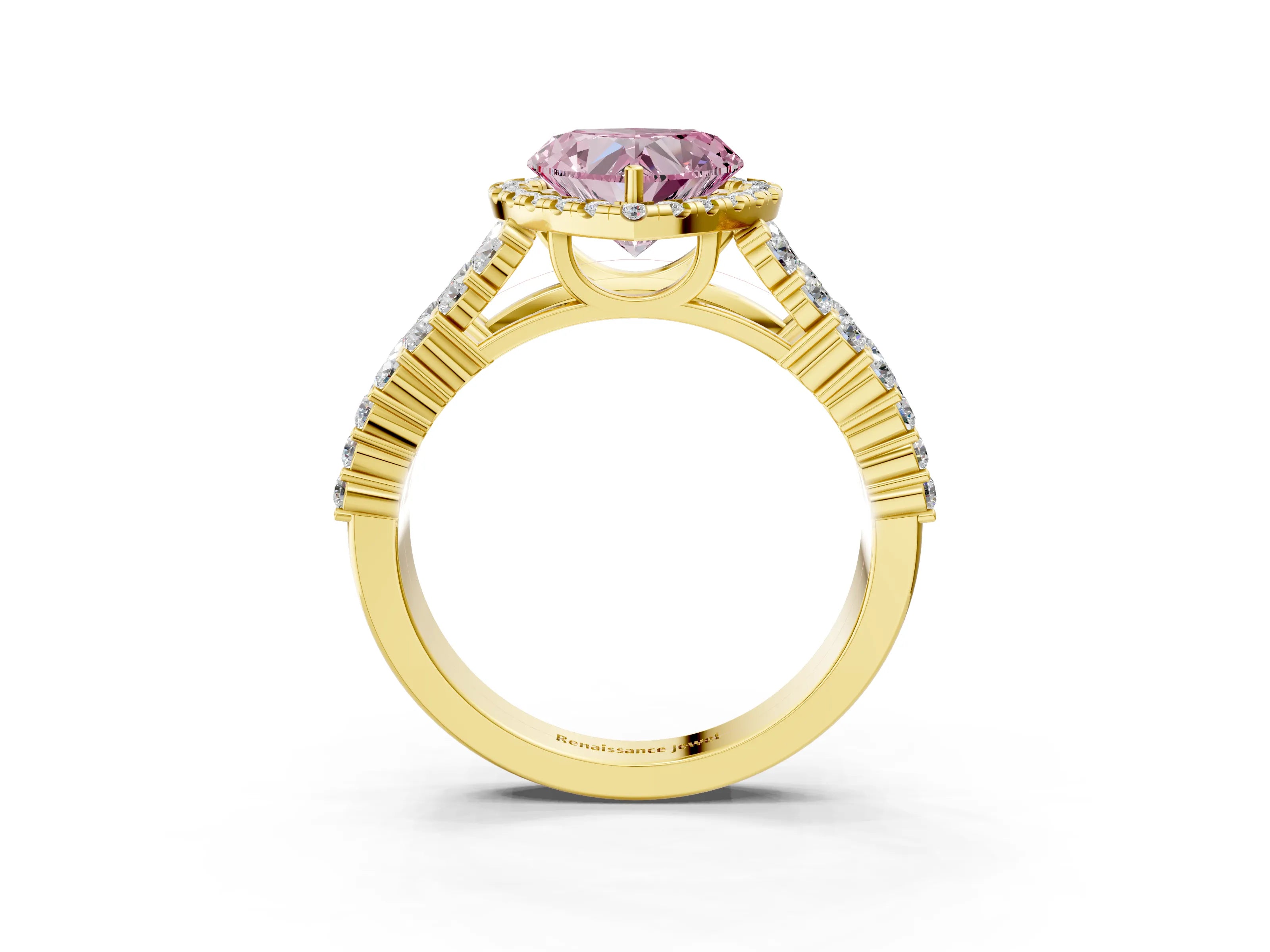 Yellow gold Fancy Pink Heart Cut Halo Pavé Diamond Engagement Ring with Split Shank and Four-Prong Setting_6