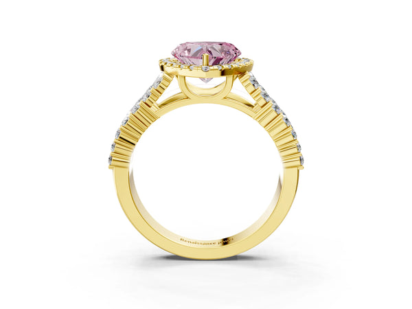 Yellow gold Fancy Pink Heart Cut Halo Pavé Diamond Engagement Ring with Split Shank and Four-Prong Setting