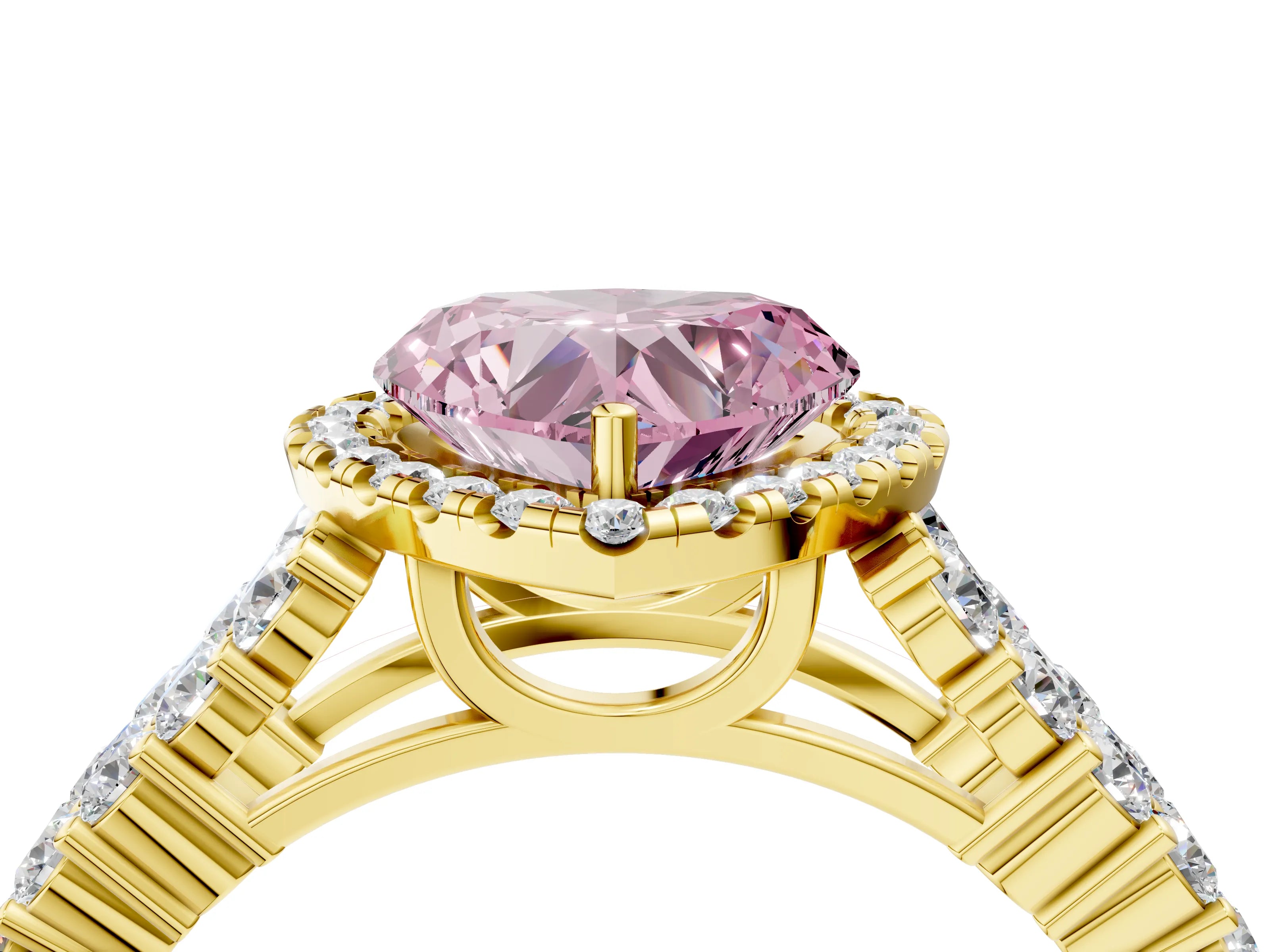 Yellow gold Fancy Pink Heart Cut Halo Pavé Diamond Engagement Ring with Split Shank and Four-Prong Setting_7