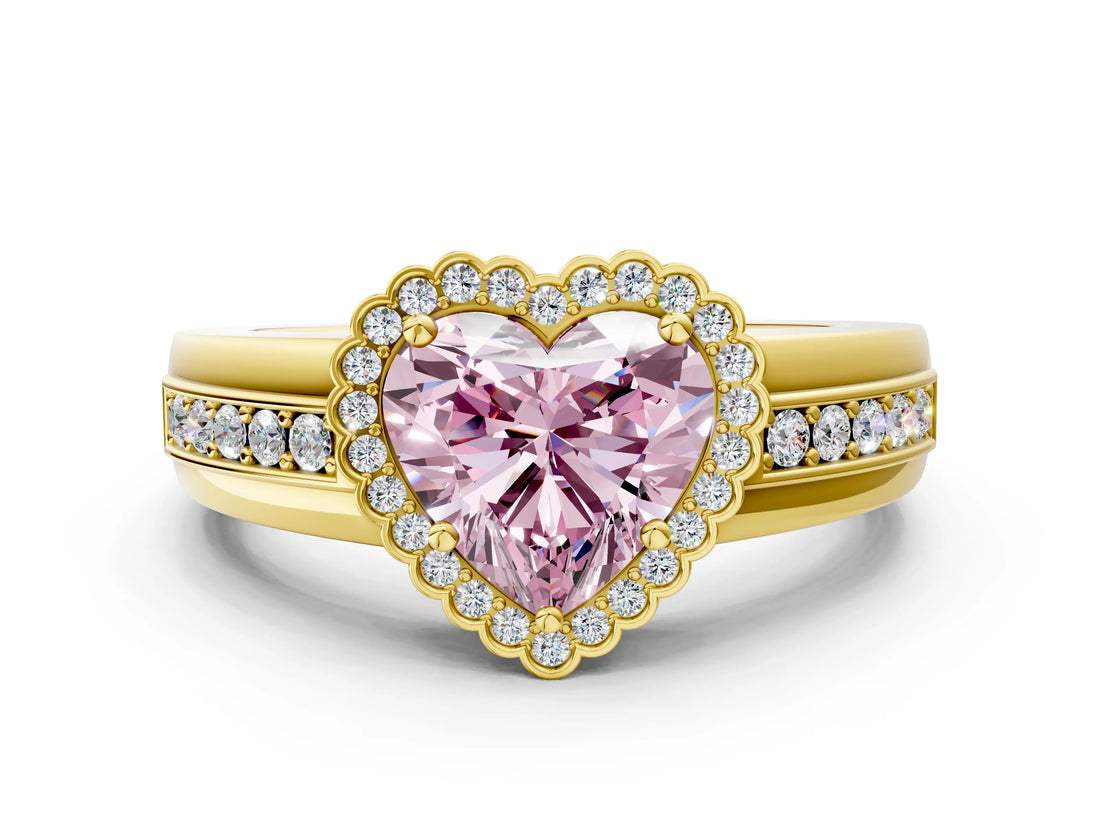 Yellow gold Fancy Pink Heart  Cut Halo Pave Band Four-Prong Ring_48