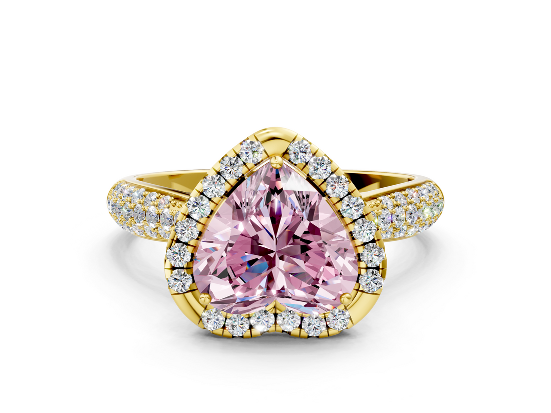 Yellow gold Fancy Pink Heart  Cut Halo Pave Band Four-Prong Setting Ring_20
