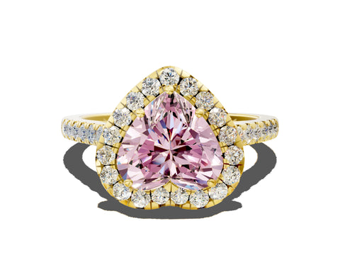 Yellow gold Fancy Pink Heart Cut Halo Pave Diamond Engagement Ring with Four-Prong Setting