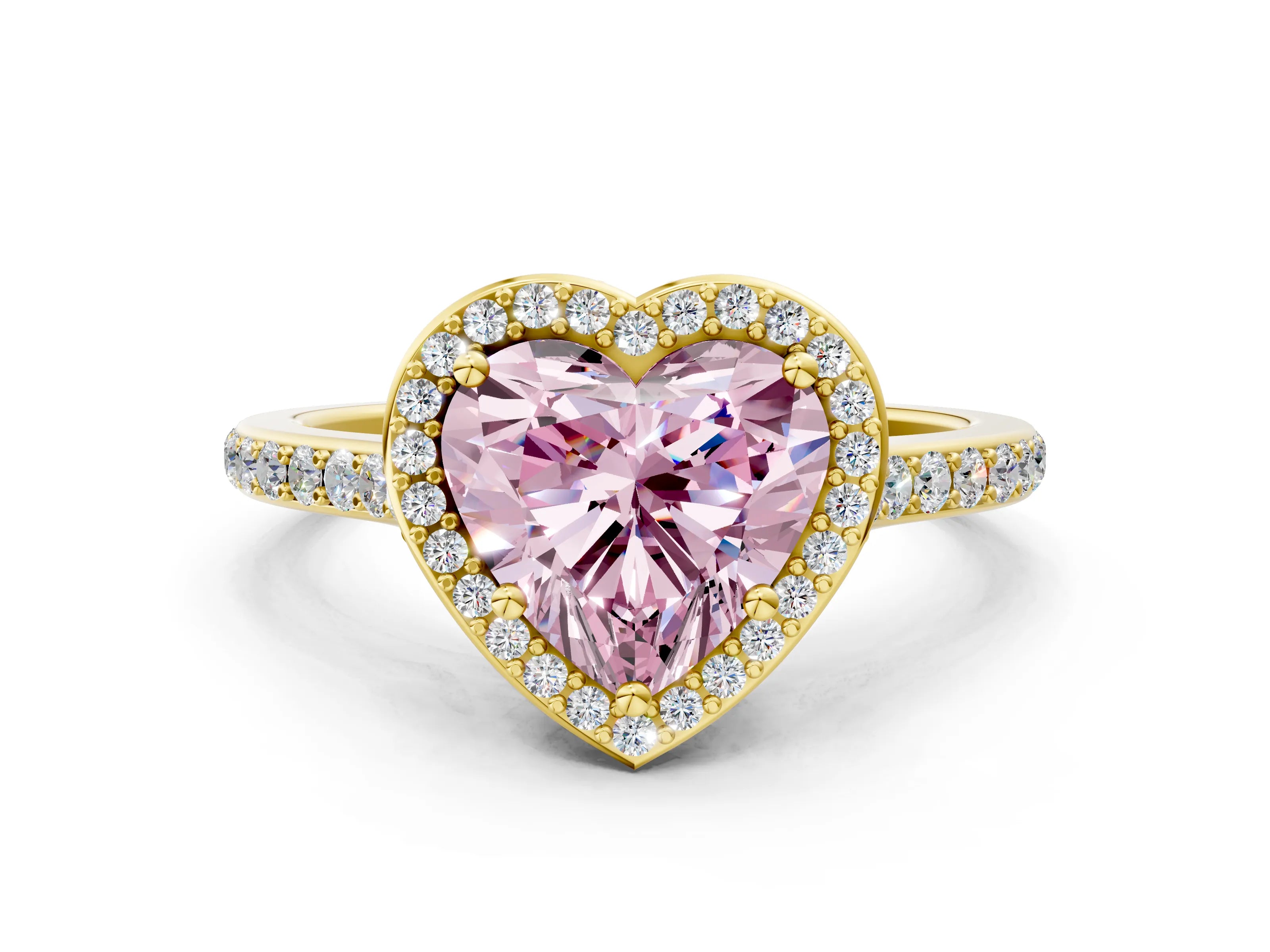 Yellow gold Fancy Pink Heart Cut Halo Round Diamond Pavé Band with Four-Prong Setting_3