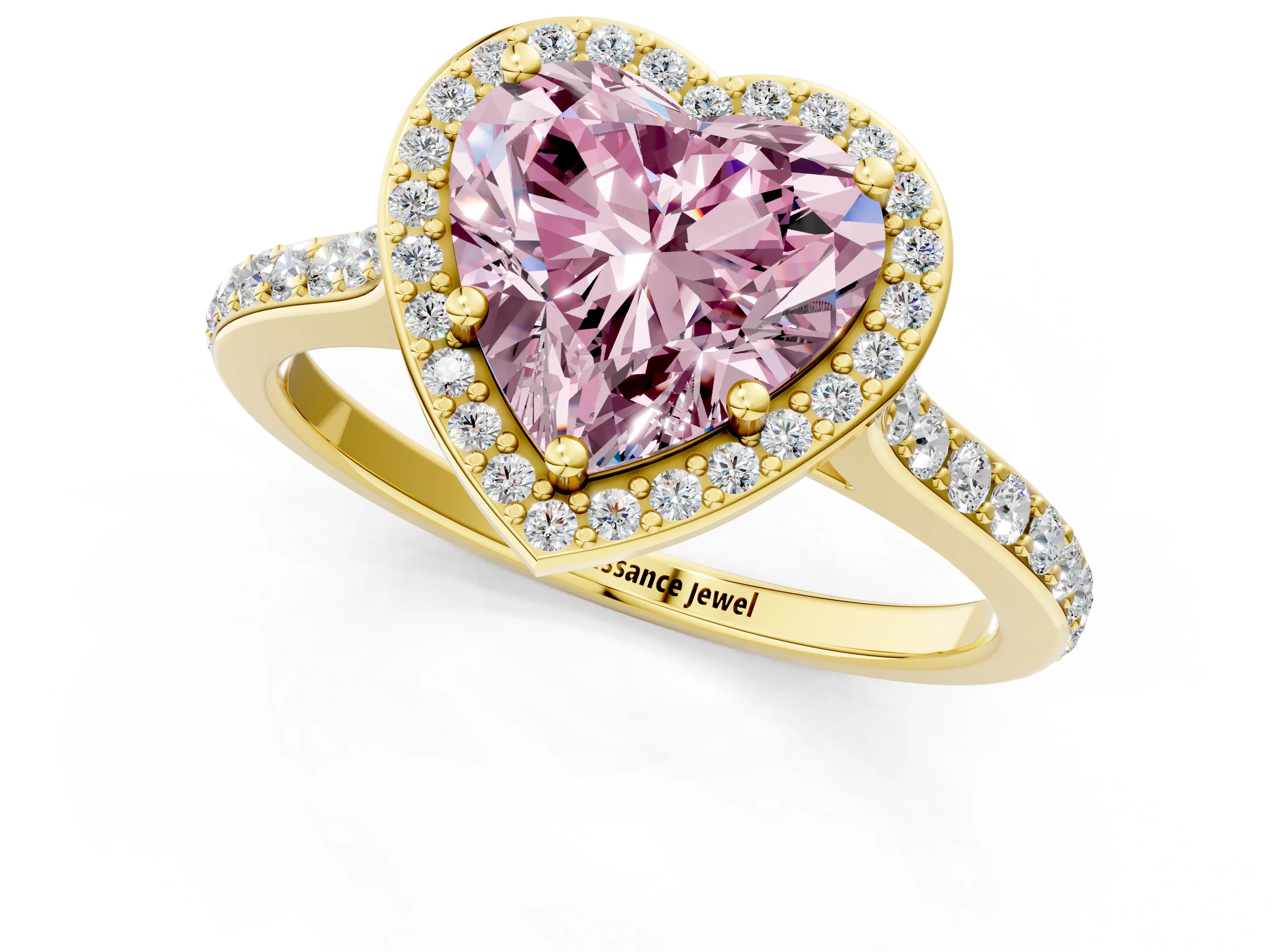 Yellow gold Fancy Pink Heart Cut Halo Round Diamond Pavé Band with Four-Prong Setting_4