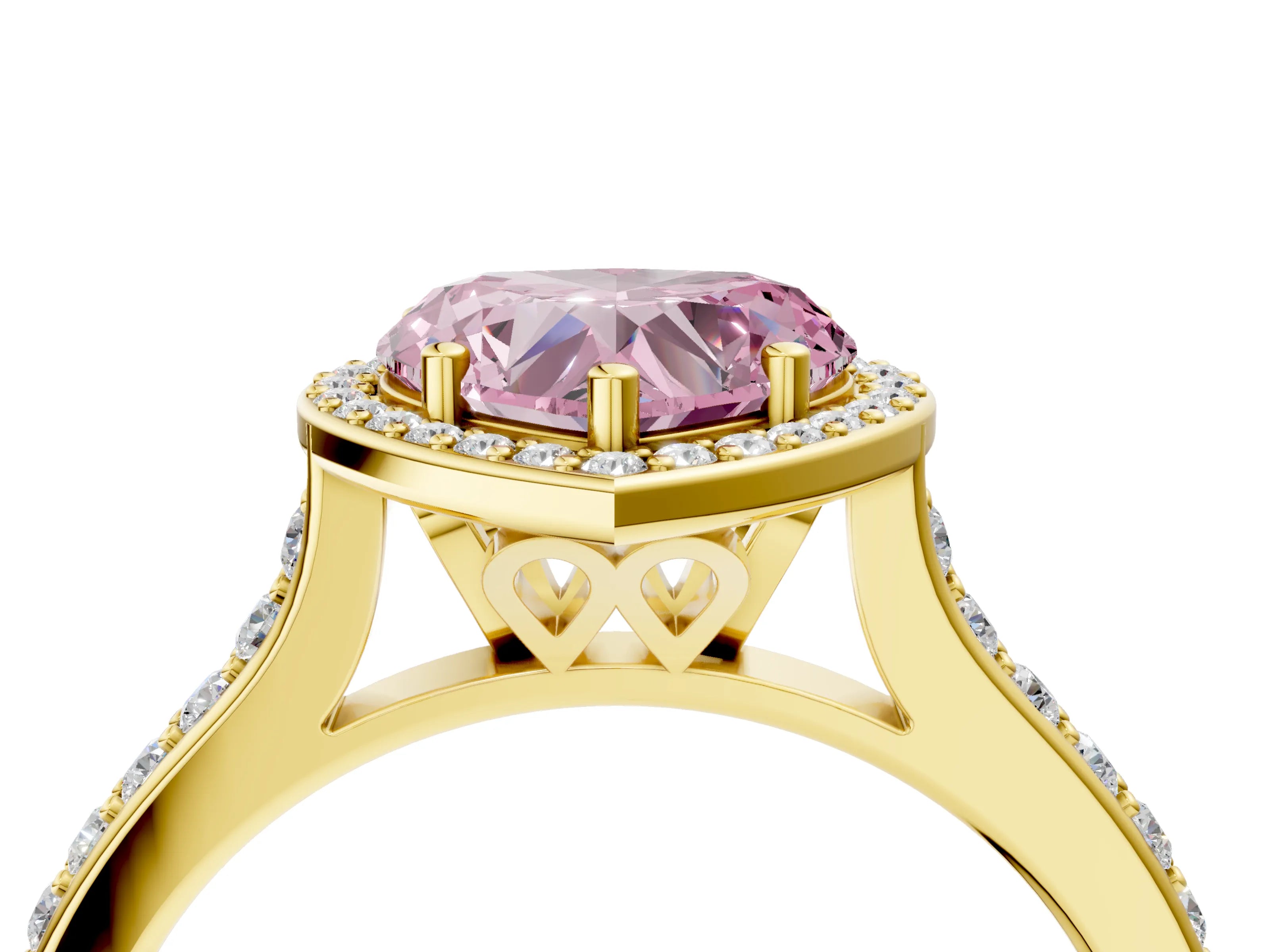 Yellow gold Fancy Pink Heart Cut Halo Round Diamond Pavé Band with Four-Prong Setting_7
