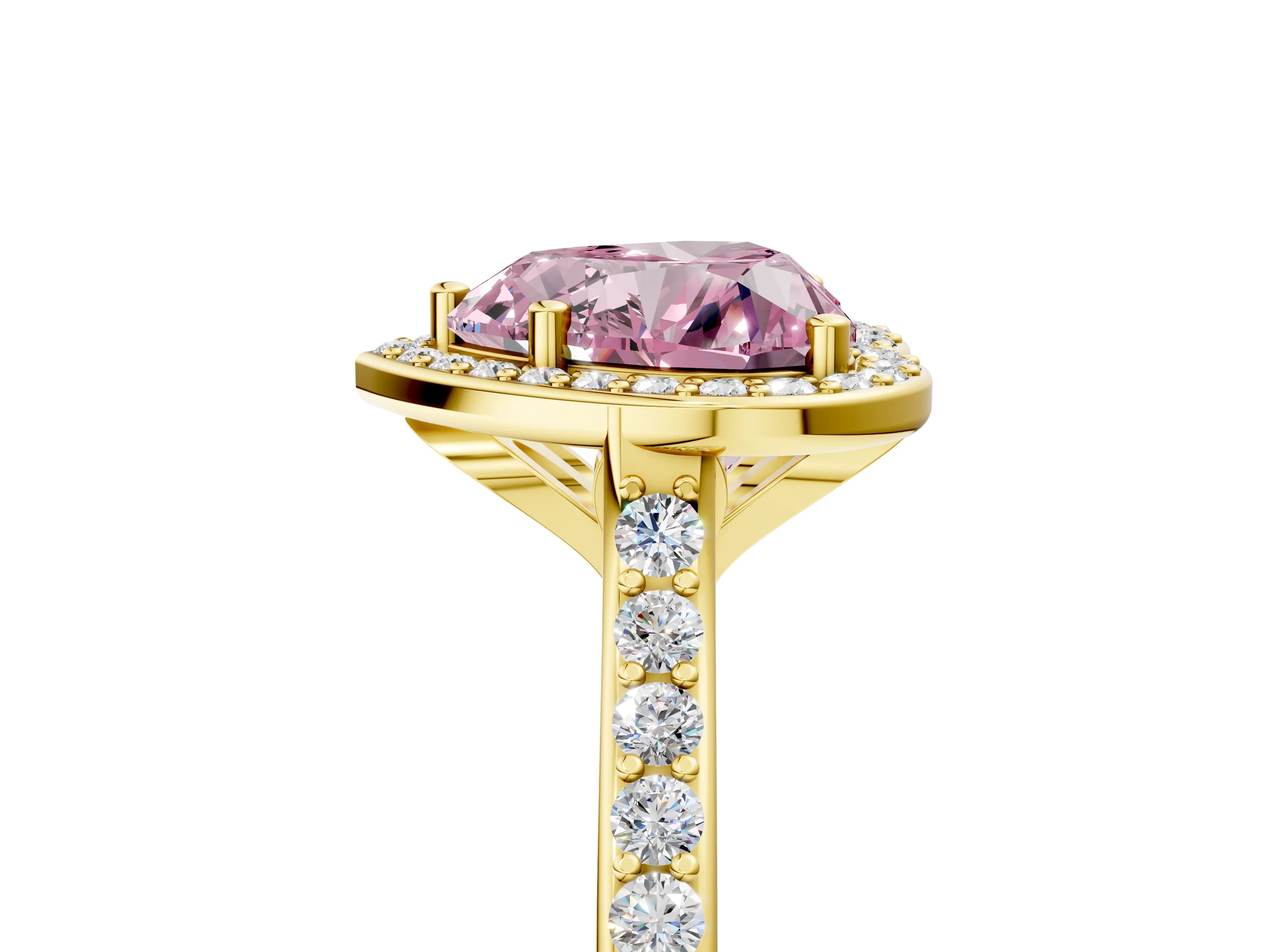 Yellow gold Fancy Pink Heart Cut Halo Round Diamond Pavé Band with Four-Prong Setting_8