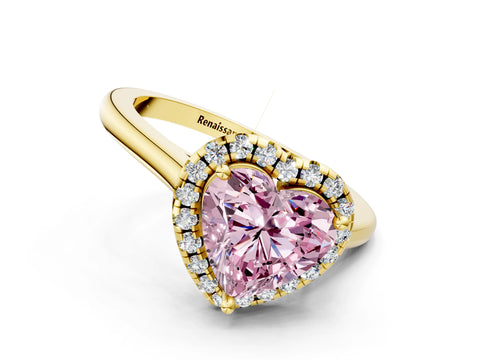 Yellow gold Fancy Pink Heart Cut Halo Round Diamond Solitaire Engagement Ring with Pave Band and Four-Prong Setting_12