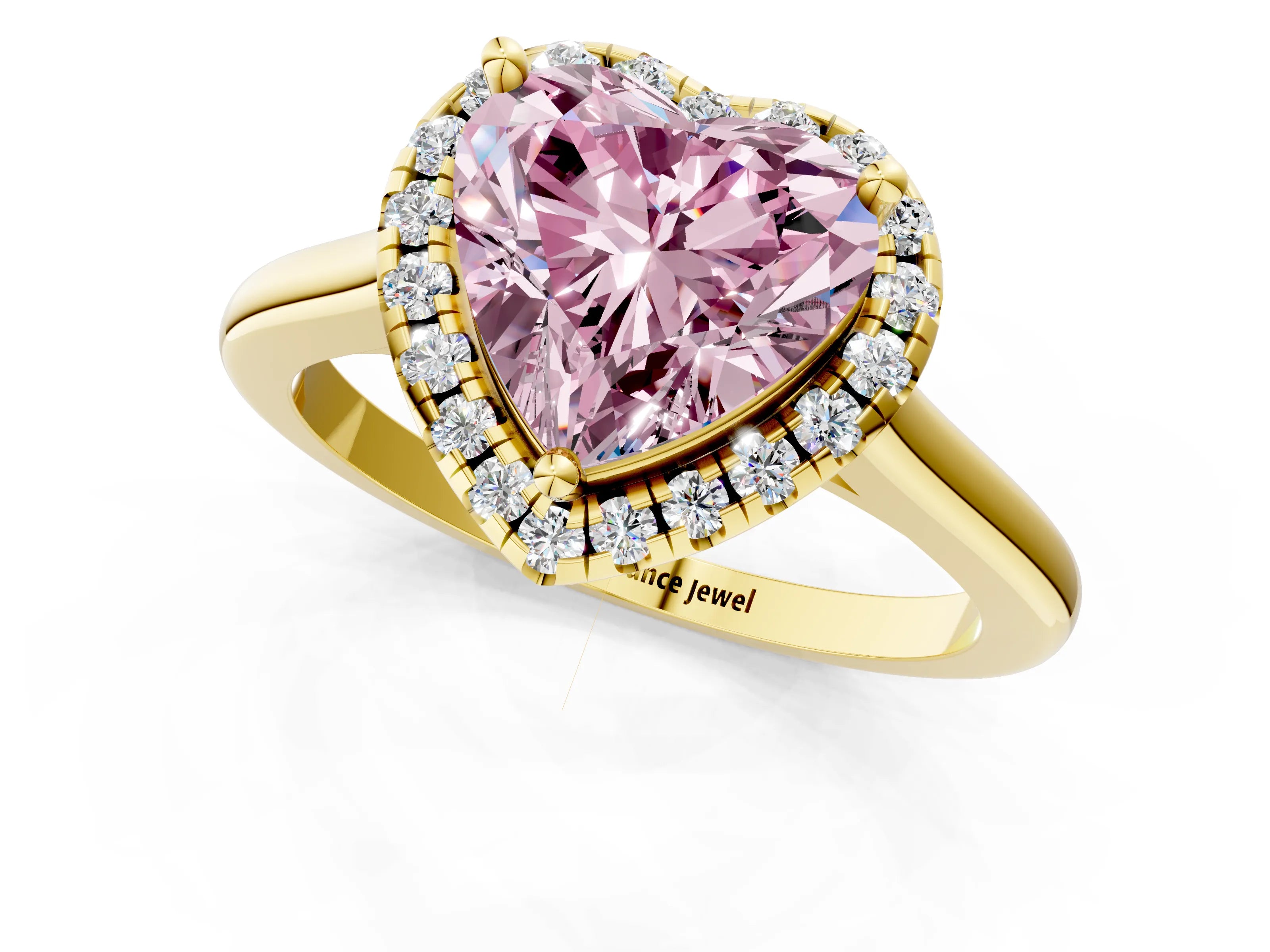 Yellow gold Fancy Pink Heart Cut Halo Round Diamond Solitaire Engagement Ring with Pave Band and Four-Prong Setting_13