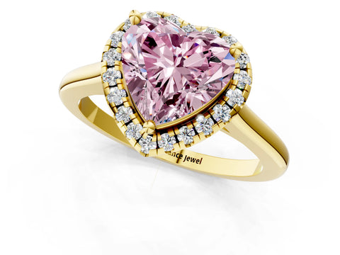 Yellow gold Fancy Pink Heart Cut Halo Round Diamond Solitaire Engagement Ring with Pave Band and Four-Prong Setting_13