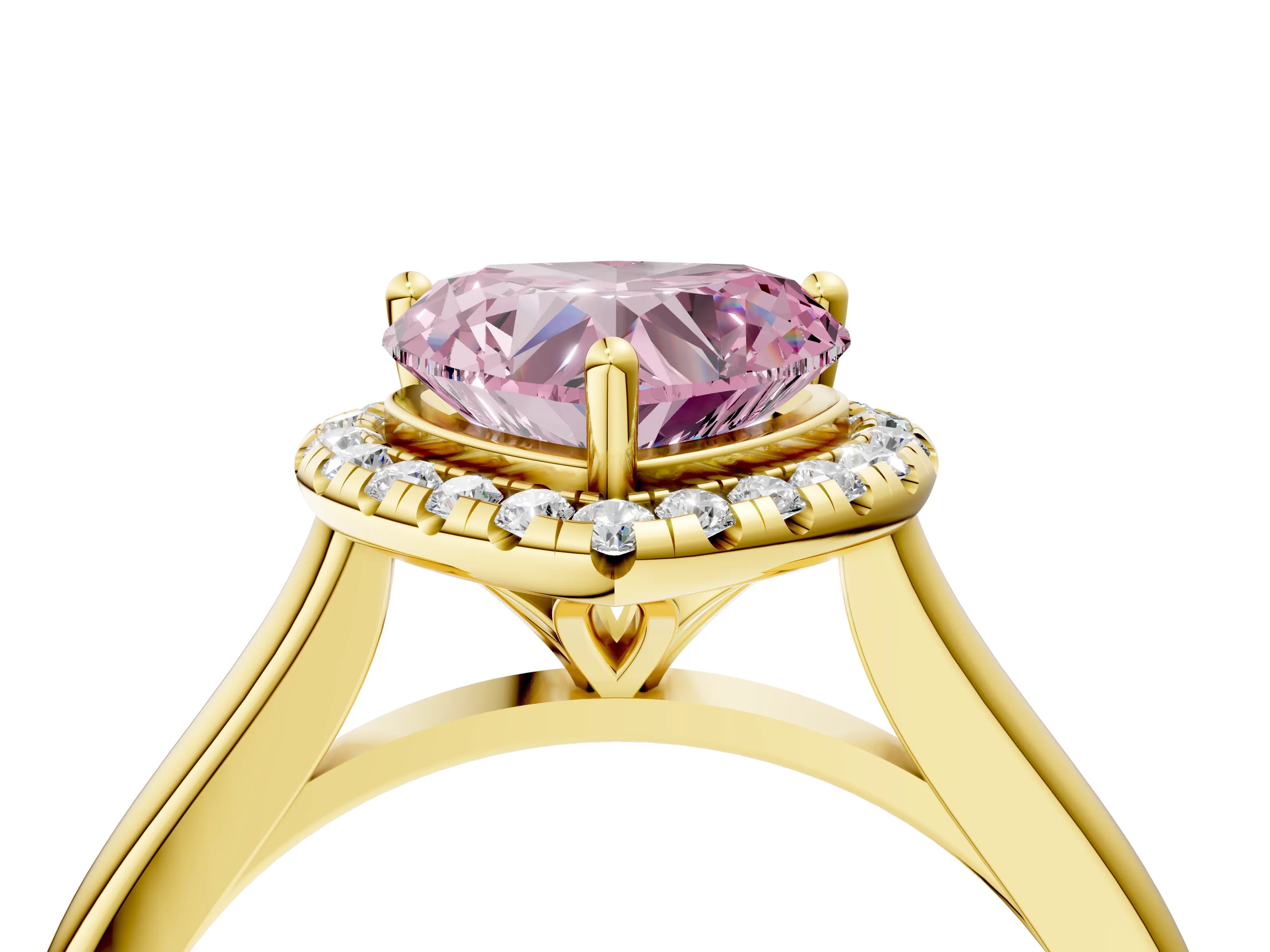 Yellow gold Fancy Pink Heart Cut Halo Round Diamond Solitaire Engagement Ring with Pave Band and Four-Prong Setting_16