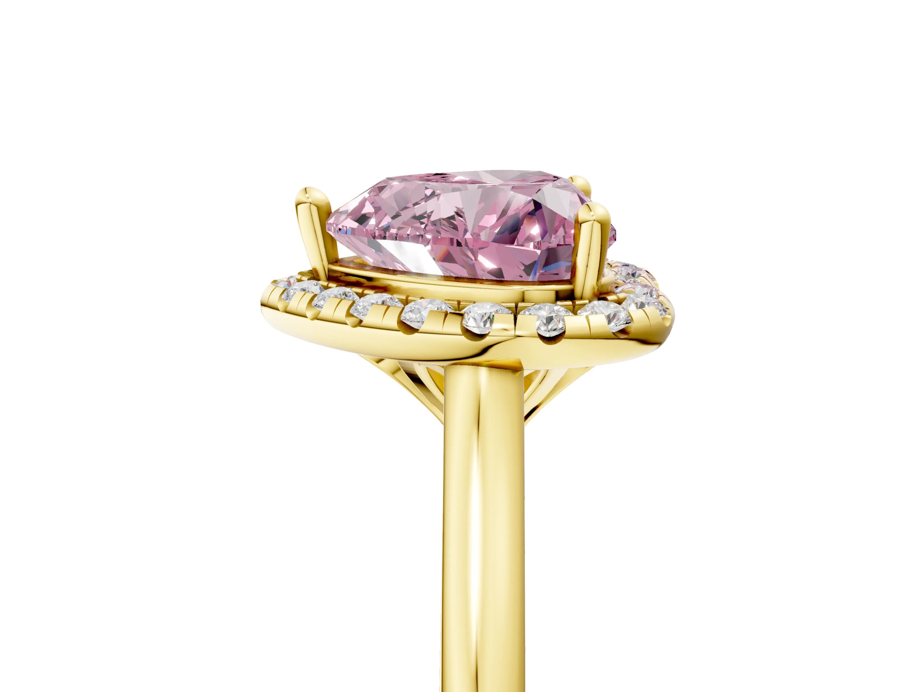 Yellow gold Fancy Pink Heart Cut Halo Round Diamond Solitaire Engagement Ring with Pave Band and Four-Prong Setting_17
