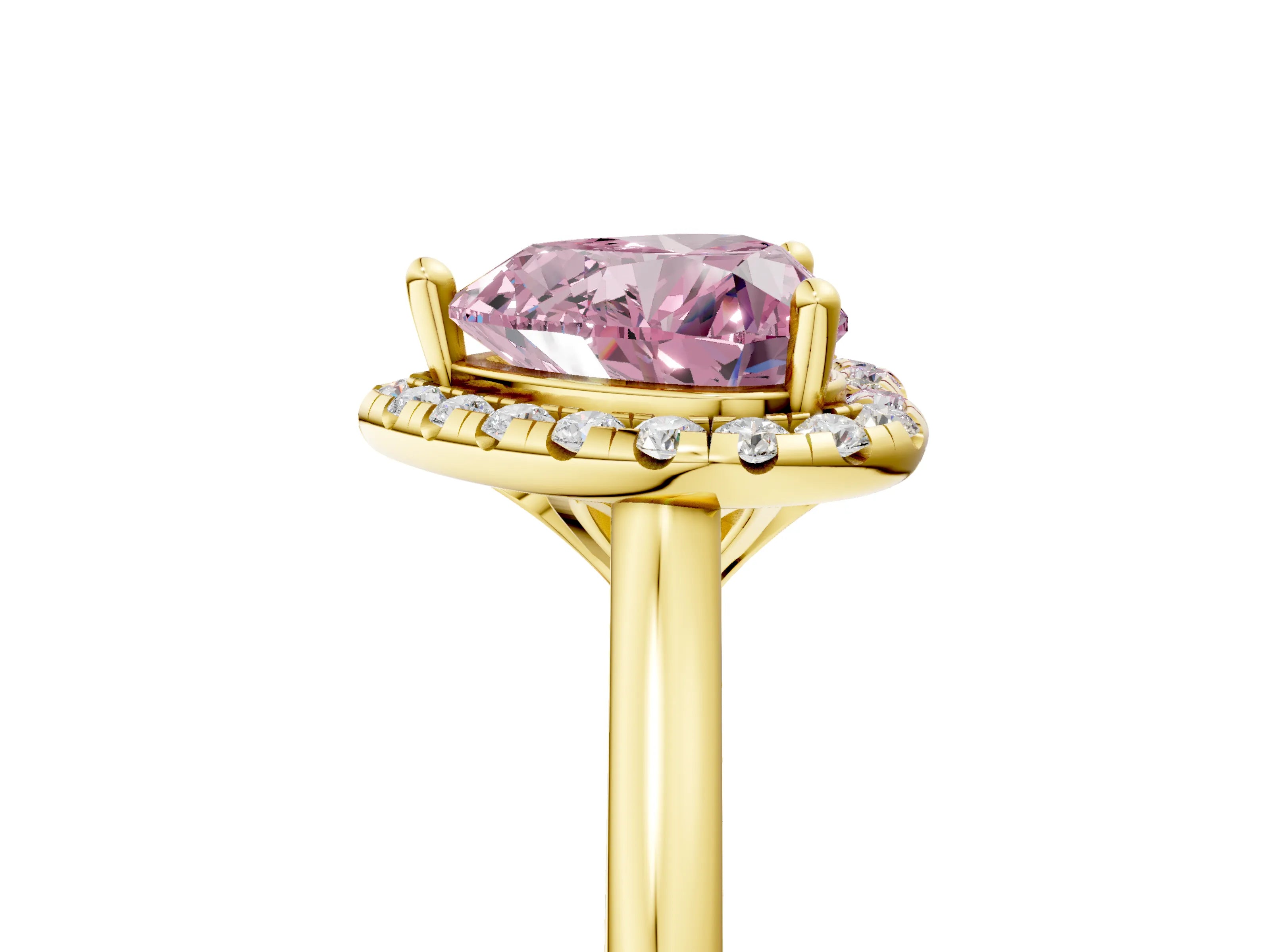 Yellow gold Fancy Pink Heart Cut Halo Round Diamond Solitaire Engagement Ring with Pave Band and Four-Prong Setting_17