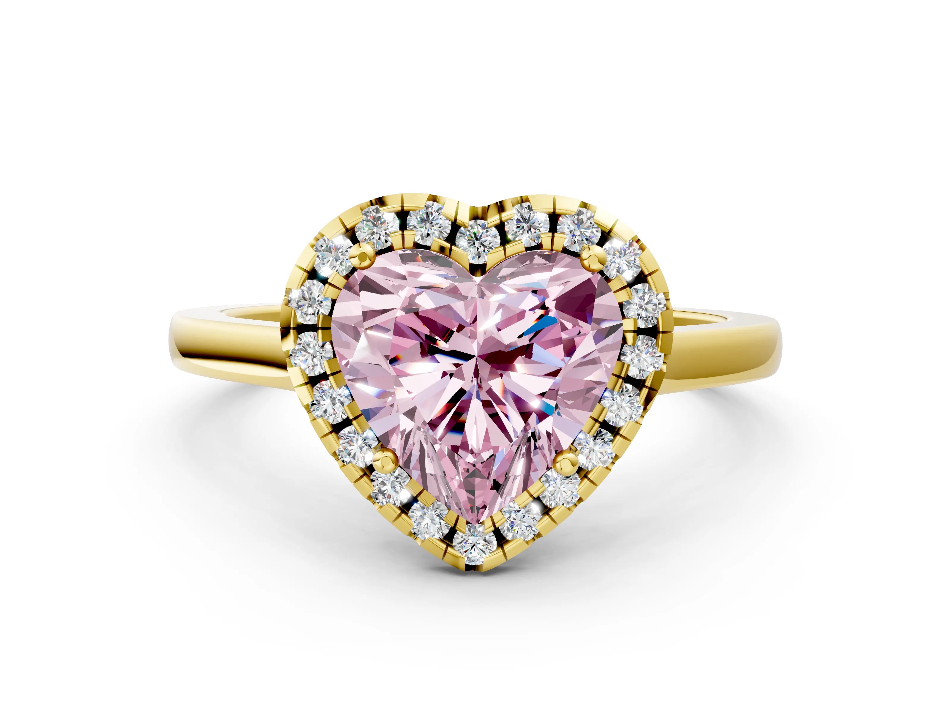Yellow gold Fancy Pink Heart Cut Halo Round Diamond Solitaire Ring with Pavé Band and Four-Prong Setting_12
