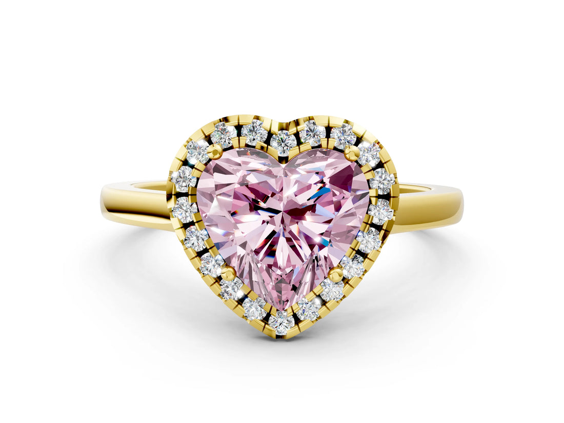 Yellow gold Fancy Pink Heart Cut Halo Round Diamond Solitaire Ring with Pavé Band and Four-Prong Setting_12