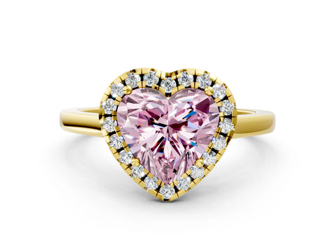 Yellow gold Fancy Pink Heart Cut Halo Round Diamond Solitaire Ring with Pavé Band and Four-Prong Setting_12