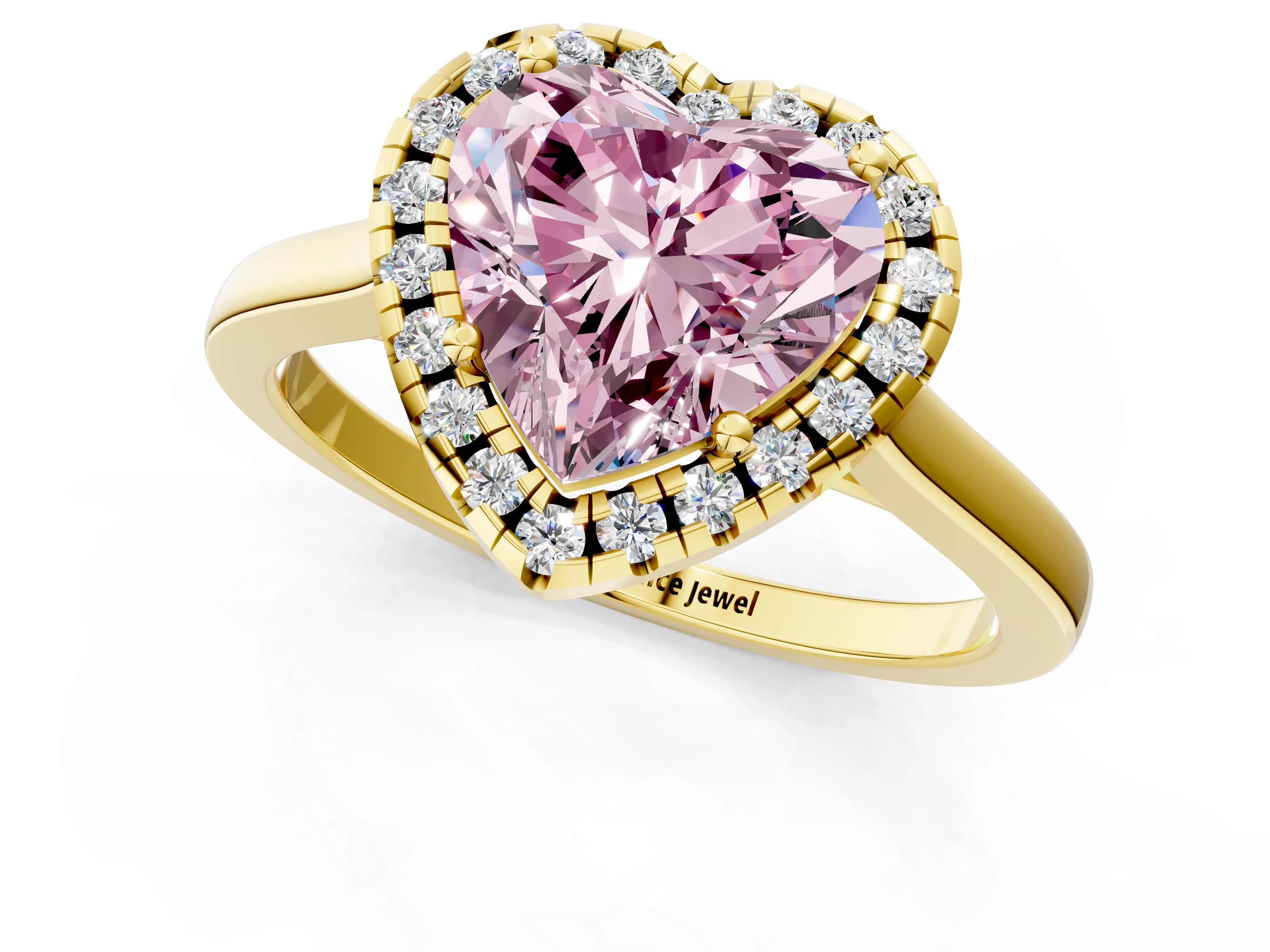 Yellow gold Fancy Pink Heart Cut Halo Round Diamond Solitaire Ring with Pavé Band and Four-Prong Setting_13