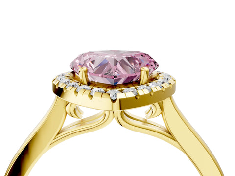 Yellow gold Fancy Pink Heart Cut Halo Round Diamond Solitaire Ring with Pavé Band and Four-Prong Setting_16