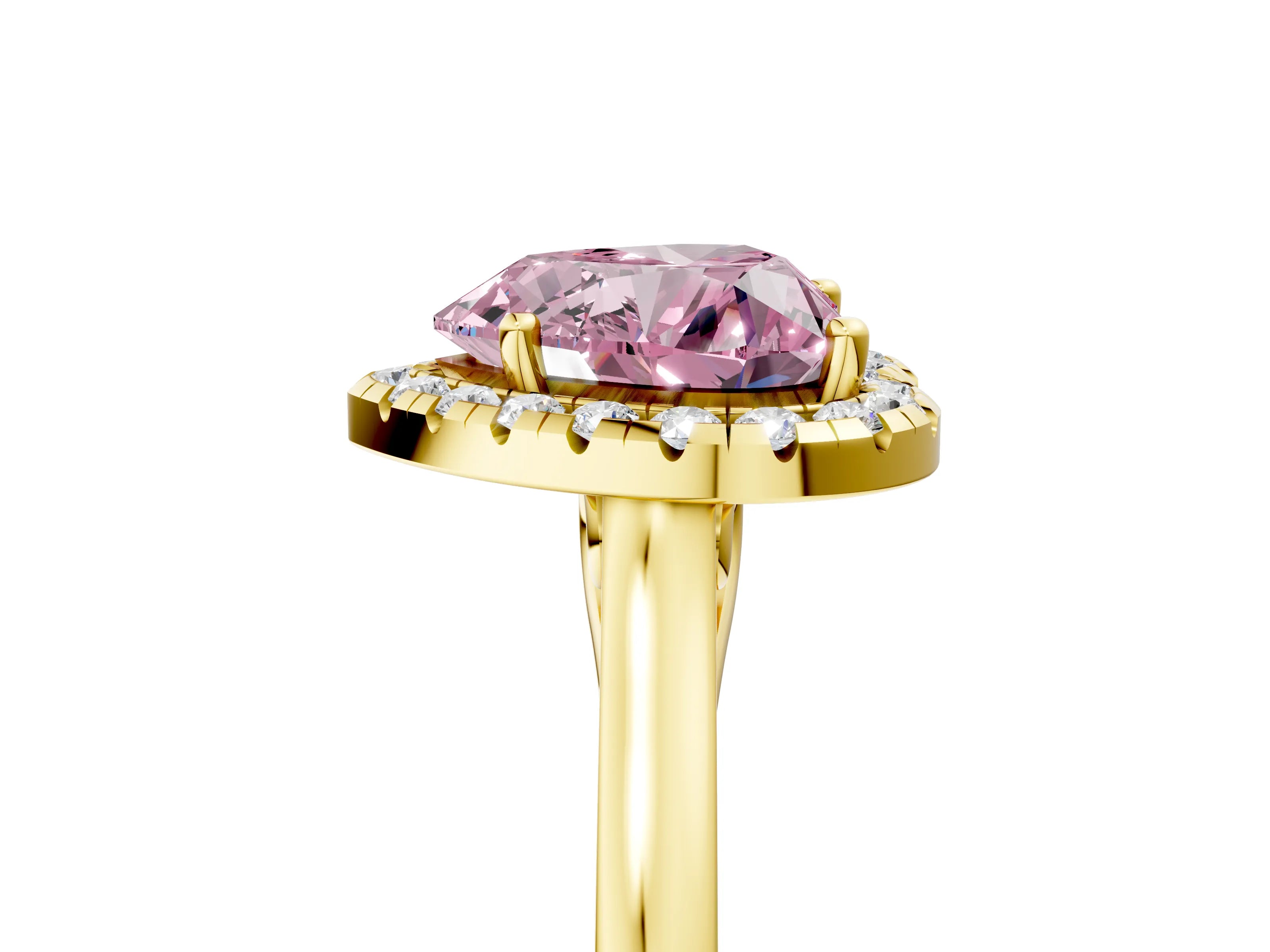 Yellow gold Fancy Pink Heart Cut Halo Round Diamond Solitaire Ring with Pavé Band and Four-Prong Setting_17