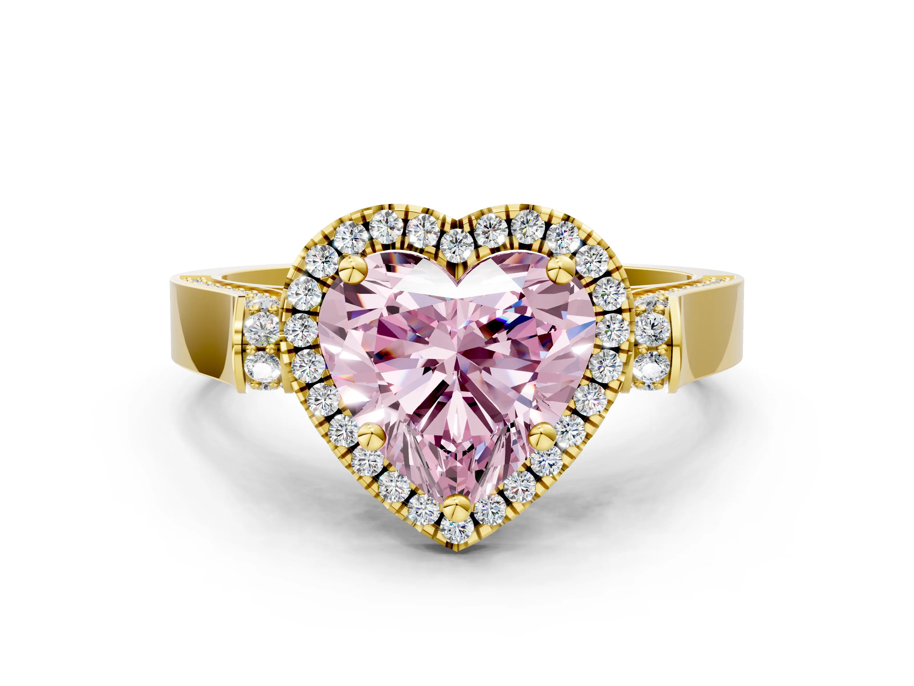 Yellow gold Fancy Pink Heart Cut Halo Round Diamond Twist Band with Four-Prong Setting