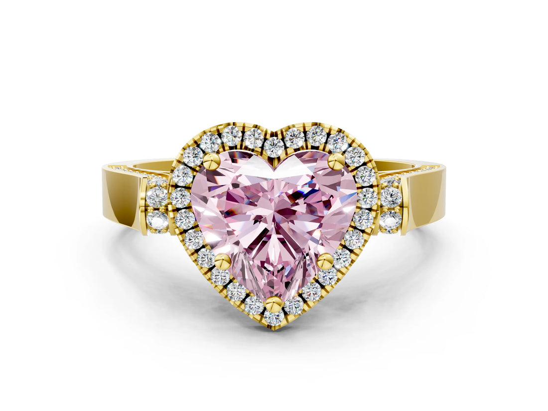 Yellow gold Fancy Pink Heart Cut Halo Round Diamond Twist Band with Four-Prong Setting