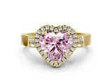 Yellow gold Fancy Pink Heart Cut Halo Round Diamond Twist Band with Four-Prong Setting