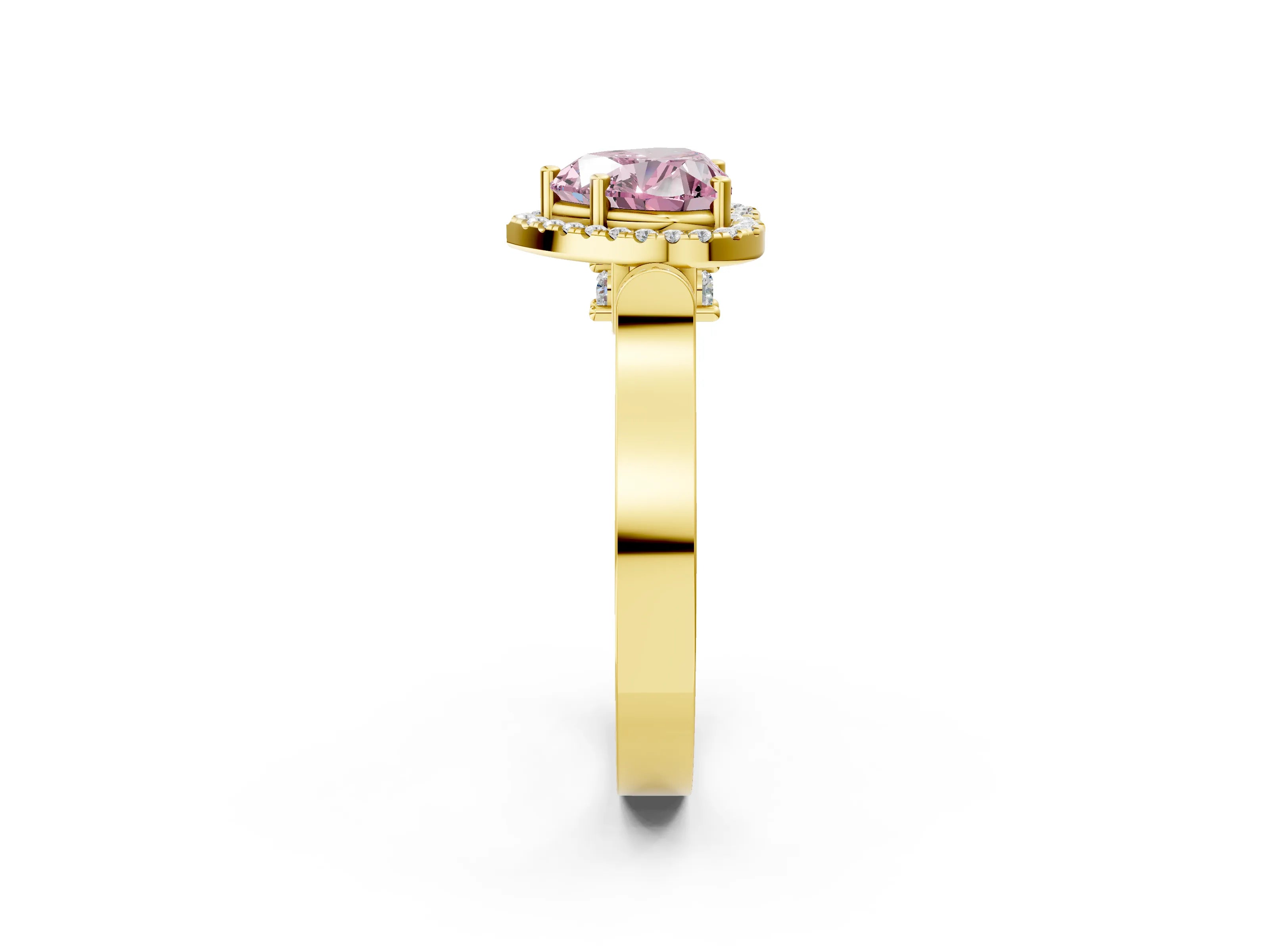 Yellow gold Fancy Pink Heart Cut Halo Round Diamond Twist Band with Four-Prong Setting_2